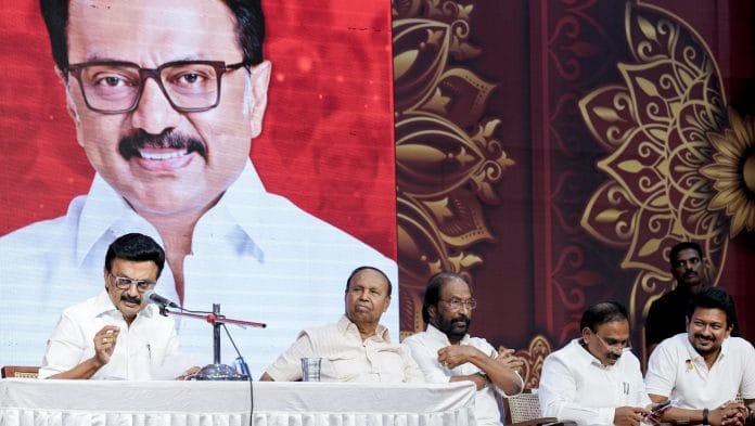 Tamil Nadu Chief Minister and DMK President MK Stalin, left, addresses a press conference announcing the party's candidates for the upcoming state Assembly elections, at the party's headquarters Anna Arivalayam, in Chennai, Saturday, March 28, 2026 | PTI