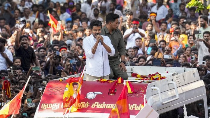 Tamilaga Vettri Kazhagam (TVK) chief Vijay addresses a public rally at Kolathur Assembly constituency ahead of Tamil Nadu Assembly Election, in Chennai, Monday, March 30, 2026. | PTI Photo/R Senthilkumar