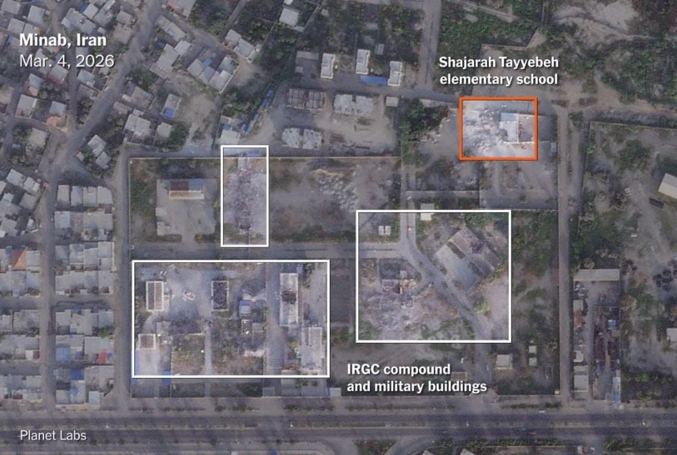 Satellite picture shows how the close the Shajareh Tayebeh primary school in Minab to the Iranian Revolutionary Guard Corps (IRGC) compound | X/@rybar_mena 