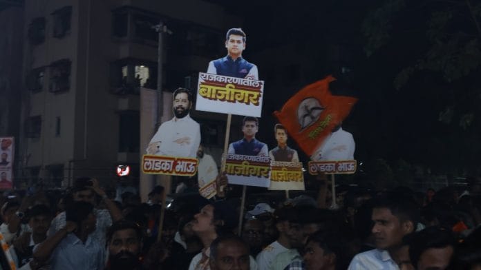 Representational | File photo of Shiv Sena supporters carrying posters of Maharashtra Dy CM Eknath Shinde and son Shrikant Shinde | X @DrSEShinde