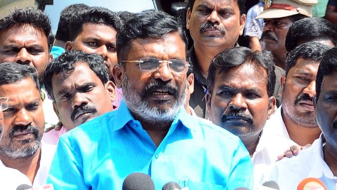 File photo of VCK chief Thol. Thirumavalavan addressing a press conference in Chennai on 8 March 2024 | ANI
