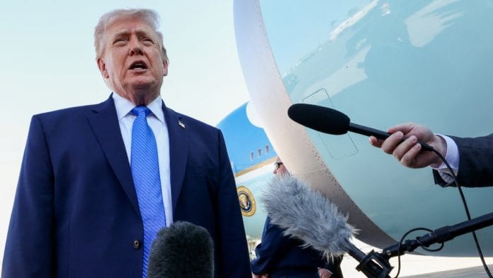 US President Donald Trump speaks to the media before departing Palm Beach International Airport aboard Air Force One, in West Palm Beach, Florida on 23 March 2026 | Kevin Lamarque/Reuters