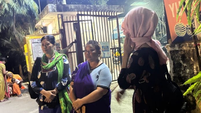 The lawyer from Manipur (in pink dupatta) with her sister and friend outside the Malviya Nagar police station in Delhi. Sakshi Mehra | ThePrint