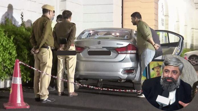 File photo. The damaged car of Deepak Khatri (who is seen in the inset) after assailants opened fire on vehicle near Kashmiri Gate on 24 February. | ANI