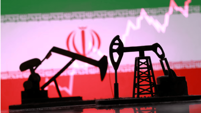 3D-printed oil pump jacks, Iranian flag, and a rising stock graph appear in this illustration taken March 2, 2026. | REUTERS/Dado Ruvic/Illustration