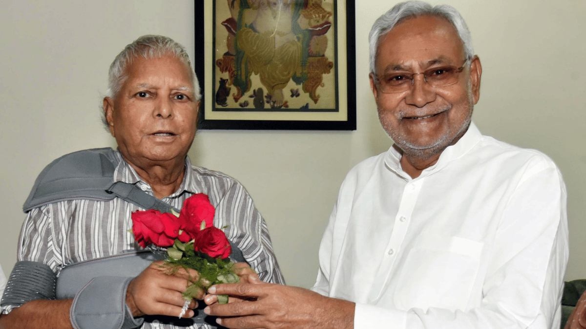 The 2022 file photo shows Chief Minister Nitish Kumar with then RJD supremo Lalu Prasad, who who was then recovering from a shoulder fracture, in Patna. | ANI 
