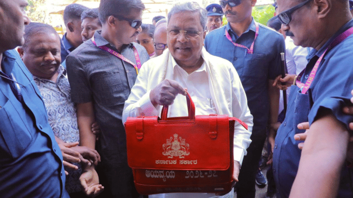 Karnataka CM Siddaramaiah arrives at assembly building with budget document, in Bengaluru on Friday | By Special Arrangement