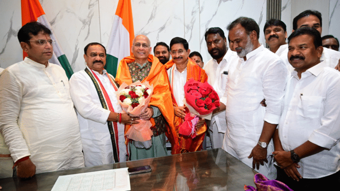 Congress leader Abhishek Singhvi with Telangana Congress MLAs while filing his nomination for Rajya Sabha elections. | X/@DrAMSinghvi