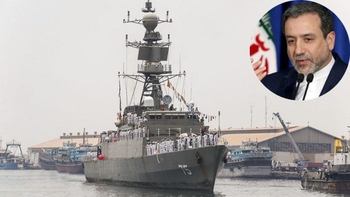 Iranian frigate IRIS Dena; (inset) Iran’s Foreign Minister Seyed Abbas Araghchi | Credit: Commons/hungary.mfa.gov.ir