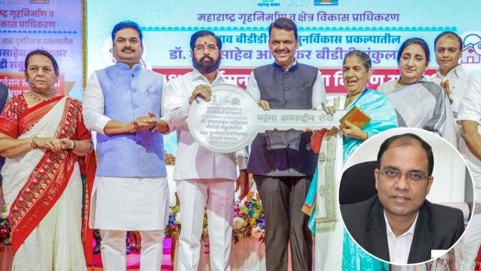 Maharashtra Chief Minister Devendra Fadnavis with State DCMs Eknath Shinde, Sunetra Ajit Pawar during the distribution ceremony for 864 tenements in the Dr. Babasaheb Ambedkar Complex of the Naigaon Biddhi Chawl Redevelopment Project at the Yashwantrao Chavan Centre, in Mumbai Monday; (inset) MHADA CEO Sanjeev Jaiswal | ANI