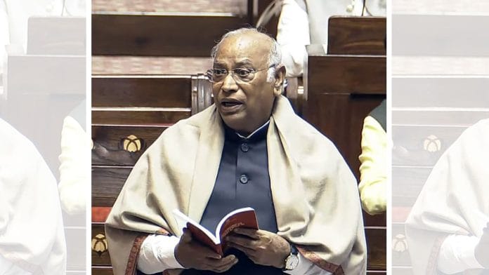 Congress President Mallikarjun Kharge in the Rajya Sabha Tuesday | ANI