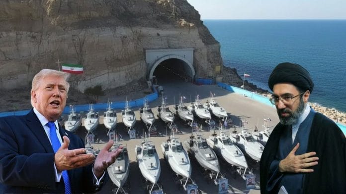 Zolfaghar strike boats on Iran's shore; (left) US President Donald Trump and Iran's new Supreme Leader Mojtaba Khamenei | Credit: YouTube