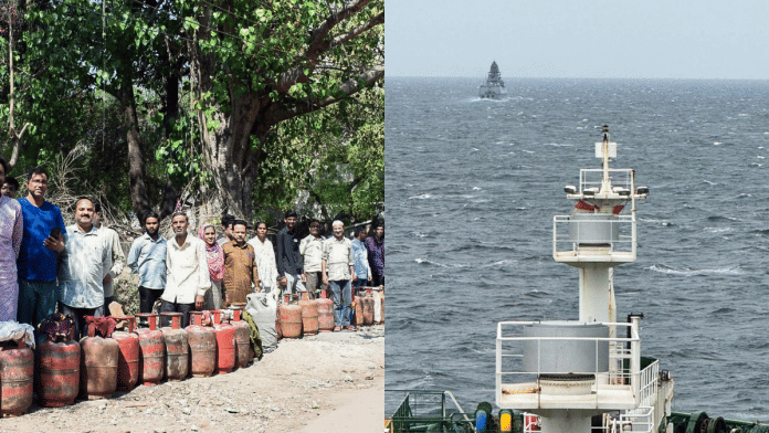 Queue outside a gas agency in Kanpur on Tuesday (left). Indian LPG Carriers 'Jag Vasant' & 'Pine Gas' transit Strait of Hormuz. They are expected at Indian ports by 28 March. | ANI
