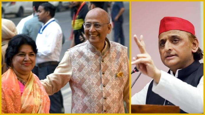 Anita Singhvi with husband Abhishek Manu Singhvi; SP leader Akhilesh Yadav | Photos: ANI