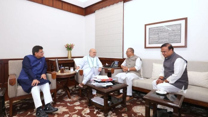 (L-R) Union ministers Piyush Goyal and Amit Shah with Pradyut Bordoloi and Himanta Biswa Sarma in New Delhi | X @himantabiswa