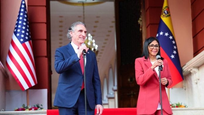 US Secretary of the Interior Doug Burgum with Venezuela's Interim President Delcy Rodríguez | X/@delcyrodriguezv