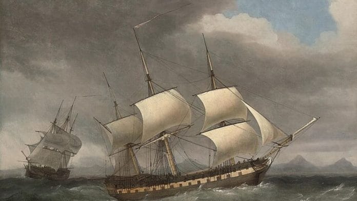 East India Company's ship Alnwick Castle in two positions off a mountainous shore | Thomas Whitcombe | Wikimedia Commons