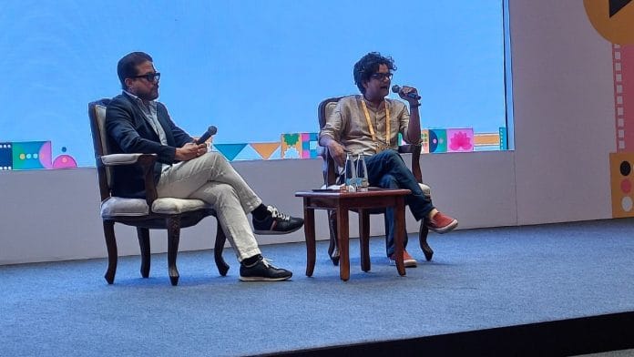 Spanish actor Enrique Arce (left) in conversation with senior journalist Mayank Shekhar at International Film Festival Delhi at the Bharat Mandapam on Thursday | Tina Das, ThePrint