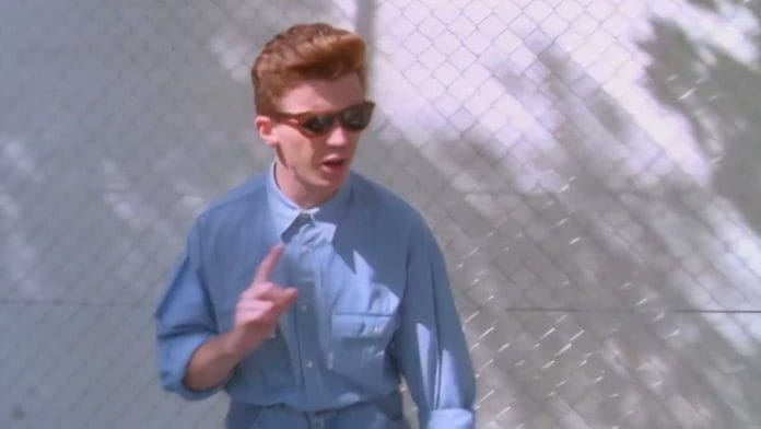 A still from Rick Astley's 1987 music video 'Never Gonna Give You Up'