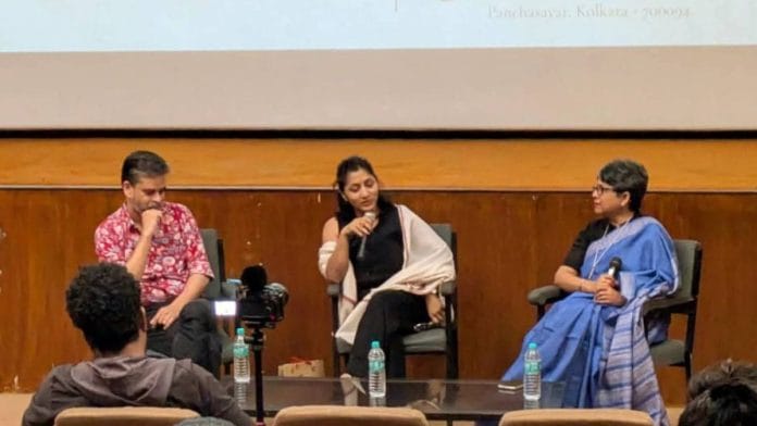 Shamya Dasgupta, Maitrayee Bhattacharyya Chowdhury and Rituparna Roy (left to right) at a panel discussion titled Ghatak at 100: New Interventions | Deep Halder