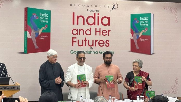 Gopalkrishna Gandhi, Kamal Haasan, John Brittas, and Mrinal Pande (left to right) at the launch of India and Her Futures. | Vitasta Kaul | ThePrint