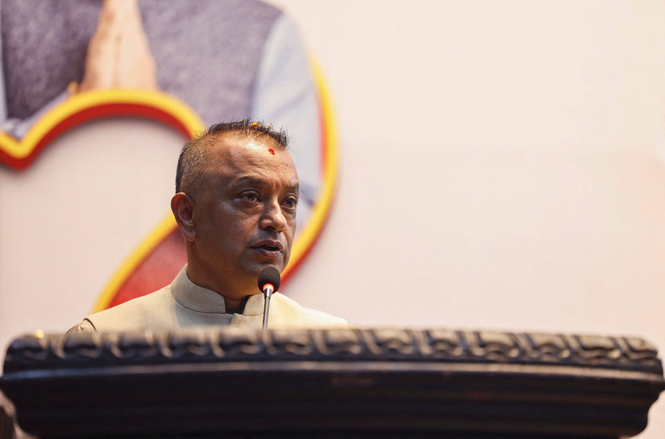 Prime Ministerial candidate and President of Nepali Congress party Gagan Kumar Thapa addresses the crowd at a party event ahead of the elections, in Kathmandu, Nepal | REUTERS/Navesh Chitrakar