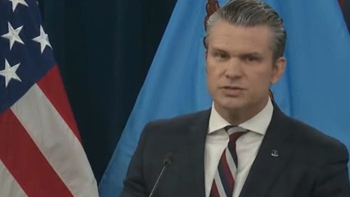 US Secretary of War Peter Hegseth at a press brief on Day 5 of the Iran war