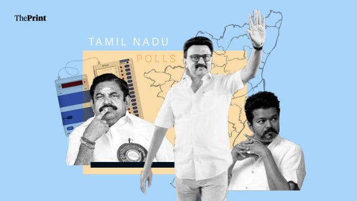 Tamil Nadu CM MK Stalin (centre) will be looking for a second term, but much of it depends also on the performance of rivals Edappadi K Palaniswami of All India Anna Dravida Munnetra Kazhagam and Vijay of Tamilaga Vettri Kazhagam | Shruti Naithani | ThePrint