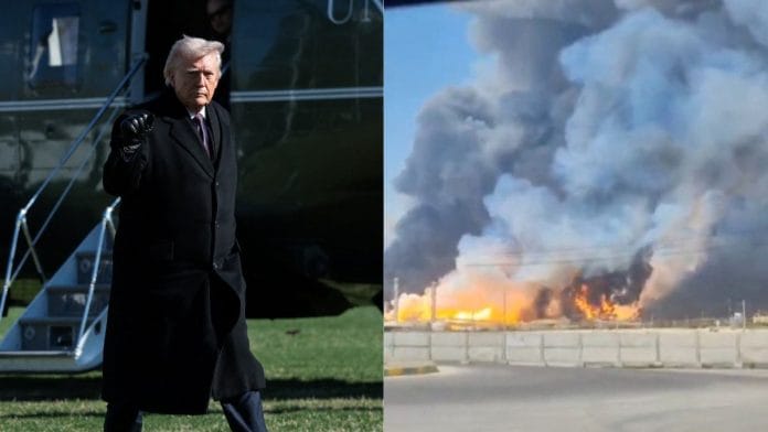 US President Donald Trump (left) & smoke and fire rising near the South Pars gas field in Bushehr Province, Iran | 18 March, 2026 | REUTERS