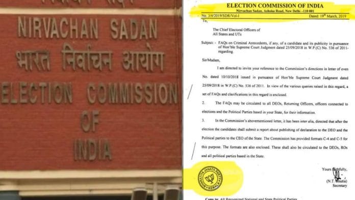 File photo of Nirvachan Sadan | Grab of the EC letter with Kerala BJP seal at bottom left | ThePrint, X