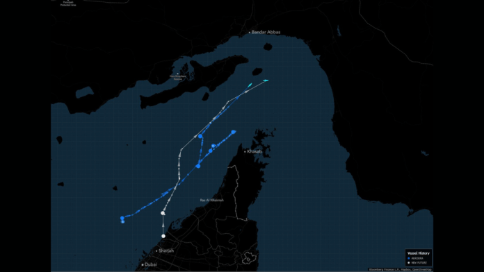 The New Future (in white) and Auroura (blue) appear to be attempting a transit through the Strait of Hormuz just south of Irans Larak island on Monday morning.