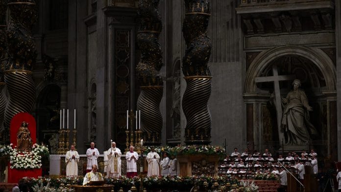 Pope Leo XIV leads the Easter Vigil in Saint Peter's Basilica at the Vatican, April 4, 2026. | REUTERS/Guglielmo Mangiapane