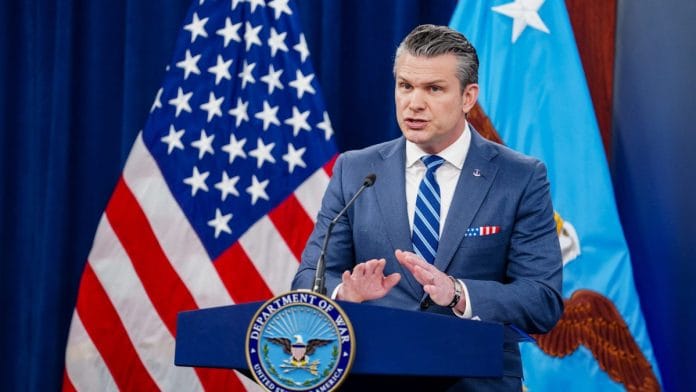 U.S. Secretary of Defense Pete Hegseth speaks during a briefing on the Iran war, at the Pentagon in Washington, D.C., U.S., April 16, 2026. | REUTERS/Nathan Howard