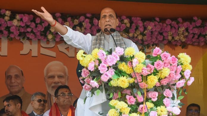 Defence Minister Rajnath Singh speaks during an election campaign in support of the BJP candidates ahead of the West Bengal Legislative Assembly elections 2026 in Barrackpore, North 24 Parganas, on Tuesday. | ANI Photo