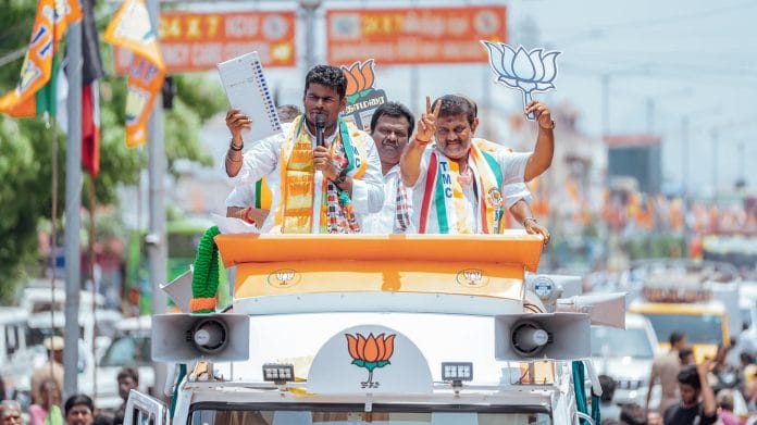 BJP leader K. Annamalai during the NDA campaign rally for the Tamil Nadu Assembly election, in Dindigul on Friday. | @annamalai_k X/ANI Photo