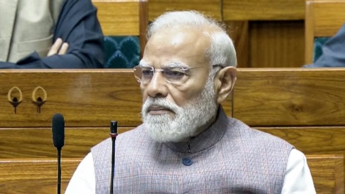 Prime Minister Narendra Modi in Lok Sabha during the Special Session (2026-27) of Parliament, in New Delhi on Saturday. | Sansad TV/ANI Video Grab)