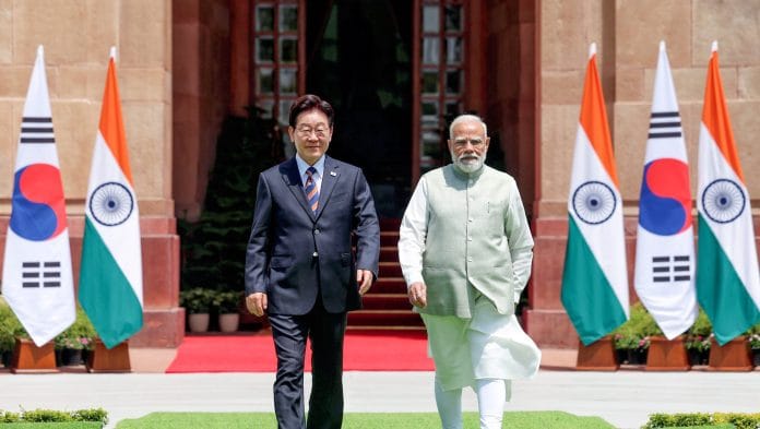 Prime Minister Narendra Modi and South Korean President Lee Jae Myung at Hyderabad House, in New Delhi on Monday | ANI