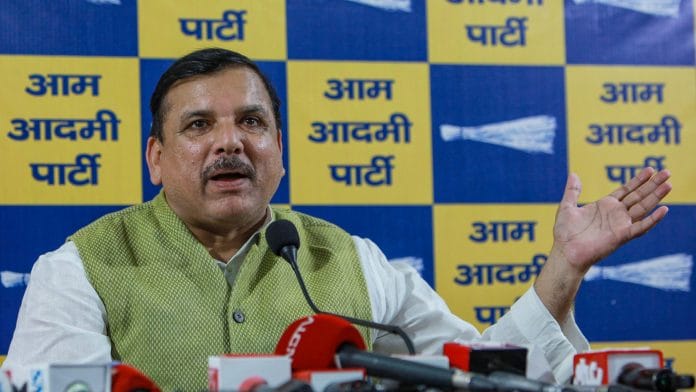 Senior Aam Aadmi Party (AAP) leader and Rajya Sabha member Sanjay Singh addresses a press conference at the party office, in New Delhi on Friday. | ANI Photo
