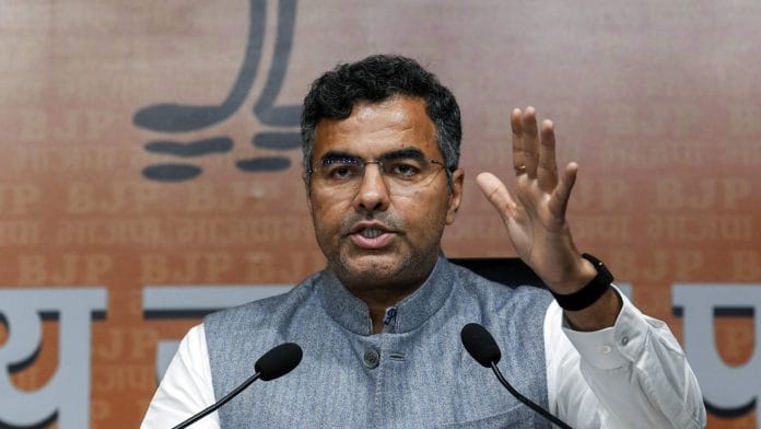 Delhi Cabinet Minister Parvesh Sahib Singh at a press conference at BJP headquarters, in New Delhi on Saturday. | ANI Photo/Naveen Sharma