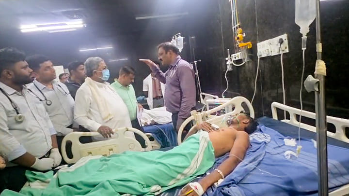 Karnataka Chief Minister Siddaramaiah visits the hospital to meet the injured in the incident where a compound wall collapsed near the Bowring and Lady Curzon Hospital, claiming the lives of seven people, in Bengaluru on Wednesday | CMO Karnataka /ANI Video Grab