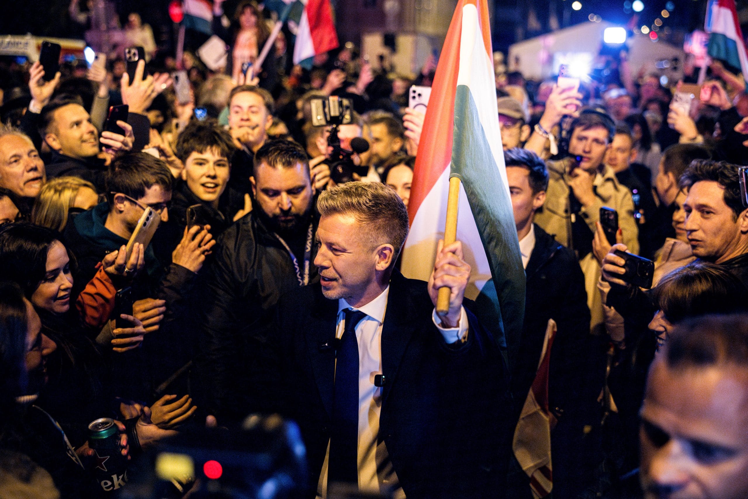 Peter Magyar greets supporters in Budapest, on April 12. | Photographer: Akos Stiller/Bloomberg