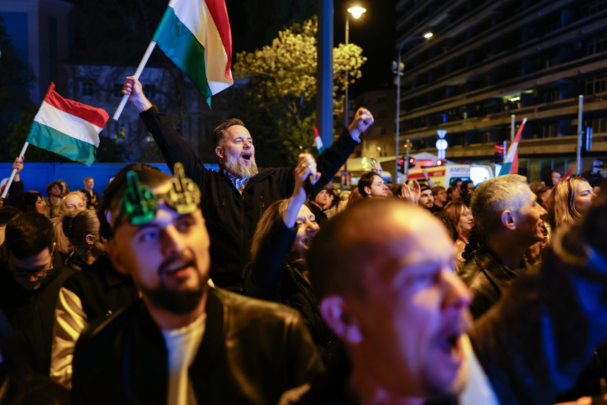 Supporters attend a Tisza party election event in Budapest, on April 12. | Photographer: Akos Stiller/Bloomberg