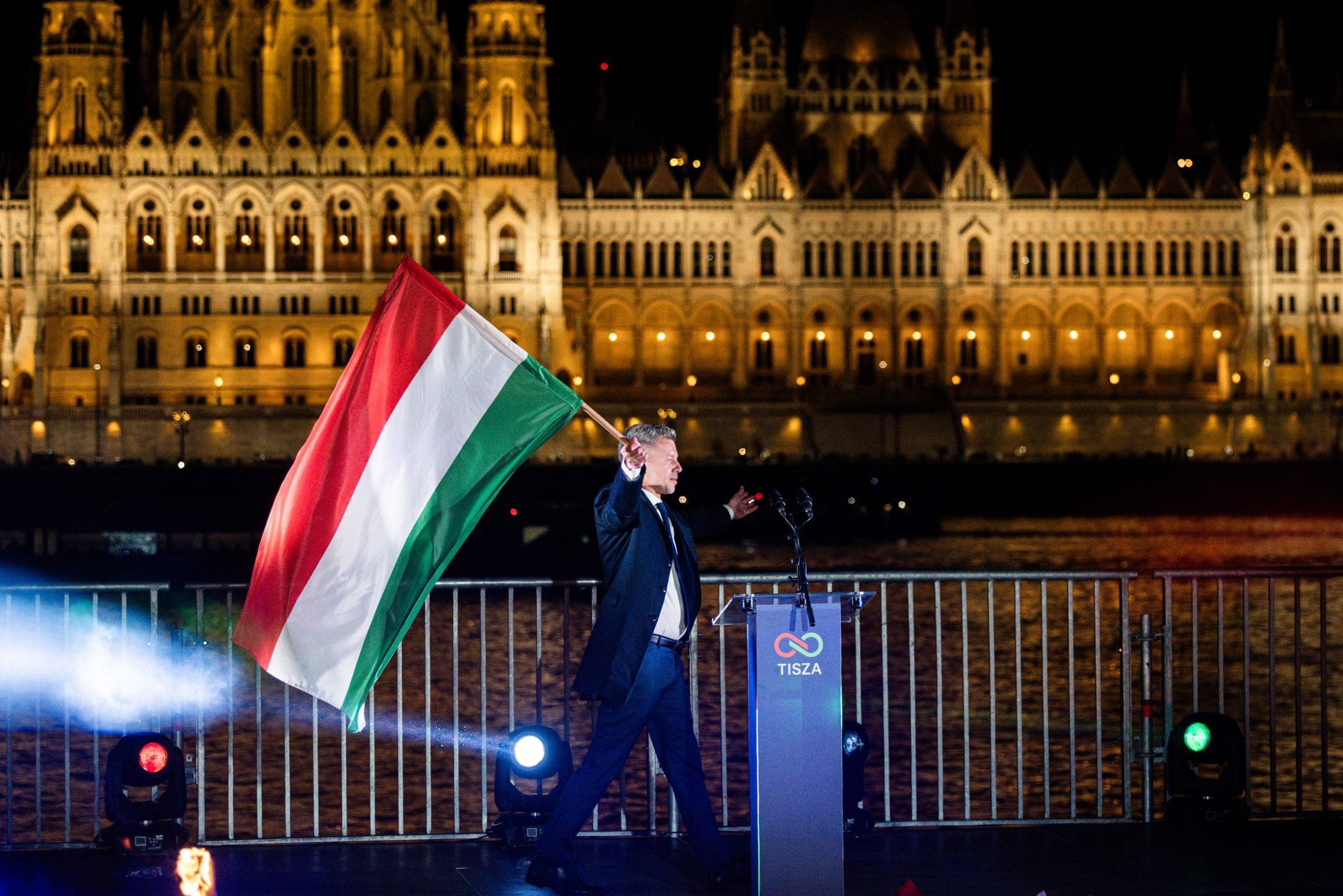 Peter Magyar on election night in Budapest, on April 12. Photographer: Akos Stiller/Bloomberg