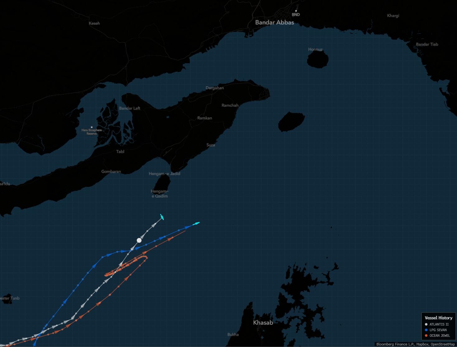 The Atlantis II (in white) was seen approaching Hormuz on Wednesday together with LPG Sevan (blue) and Ocean Jewel (red) | Bloomberg 