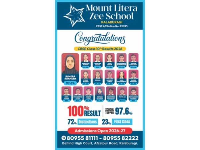 Mount Litera Zee School, Kalaburagi Achieves 100 Percent Result in First CBSE Class X Batch