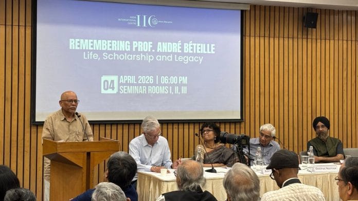 Left to right: Virginius Xaxa, Dipankar Gupta, Amita Baviskar, Deepak Nayyar, and Surinder S. Jodhka at the discussion | Vitasta Kaul, ThePrint