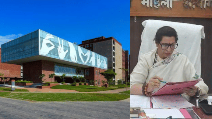 Ashoka University campus. (On right) Haryana State Commission for Women chairperson Renu Bhatia, who said she would request the state govt to recommend a CBI probe. | File photos