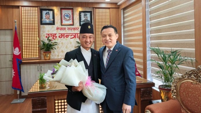 Chinese ambassador to Nepal, Zhang Maoming with newly elected Nepal Home Minister Sudan Gurung | Source: X/@PRCAmbNepal