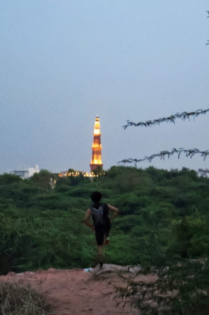 शाम की हाइकिंग पर संजय वन से लाल कोट का व्यू प्वाईंट. कुतुब मीनार और पेड़ दिखाई दे रहे हैं, जबकि बाकी दिल्ली थोड़ी देर के लिए गायब हो जाती है | फोटो: मनीषा मोंडल/दिप्रिंट