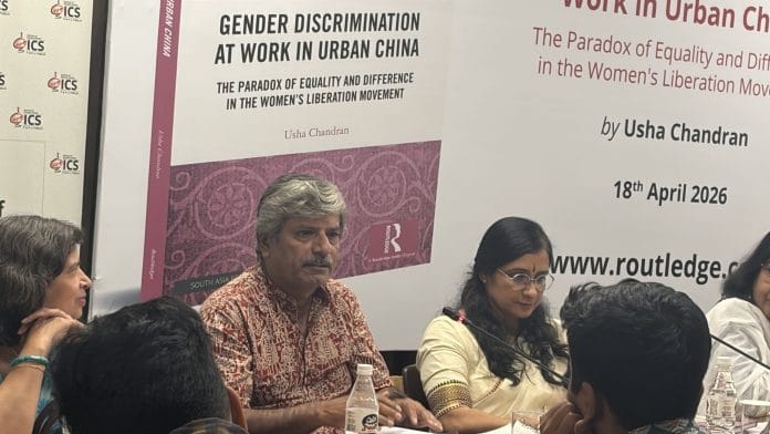 Usha Chandran, author of 'Gender Discrimination at Work in Urban China: The Paradox of Equality and Difference in the Women's Liberation Movement', and academician Hemant Adlakha at the event last week | Debdutta Chakraborty | ThePrint